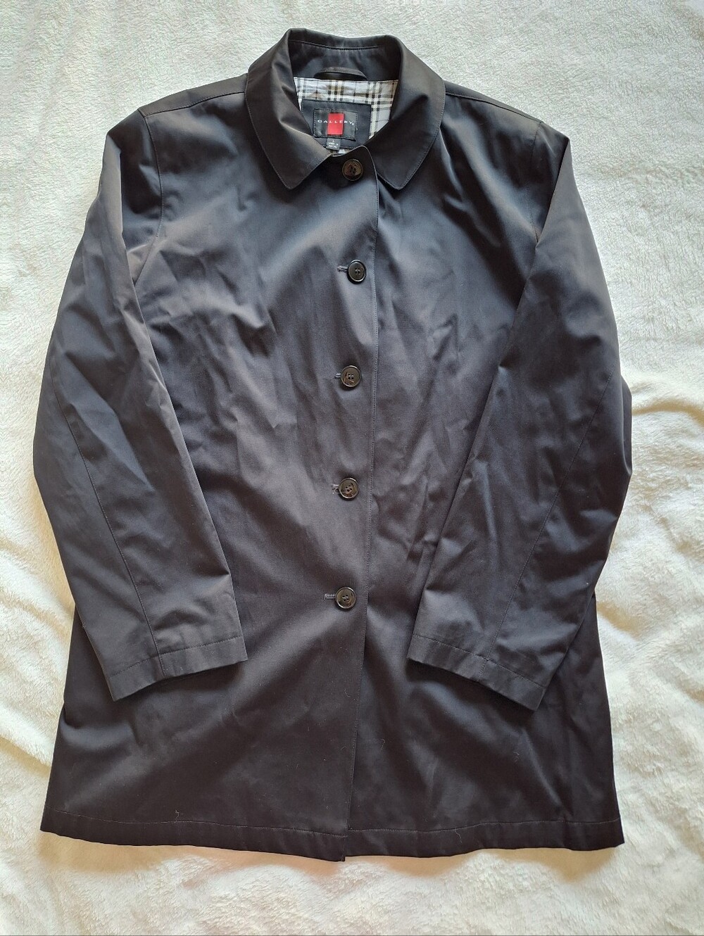 NWOT Gallery Black Single Breasted Rain Coat Jacket Size L Plaid Lining $115